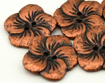 HIBISCUS Buttons, Antique Copper, Gorgeous Hawaiian Metal Flower Buttons 1" Qty 4 to 12, 25mm Leather Wrap Clasp, Clothing Button