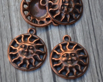 TierraCast SUNSHINE Drop mm, Antique Copper, Qty 4, Sun Face Charms, Pewter Pendants, Made in the US