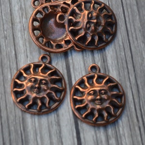 TierraCast SUNSHINE Drop mm, Antique Copper, Qty 4, Sun Face Charms, Pewter Pendants, Made in the US