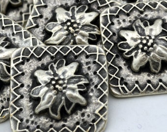 TUSCANY Buttons Antique Silver Metal Buttons, Square Flower Tile Button 1" Qty 4 to 12, 24mm Leather Wrap Clasp, Clothing Button