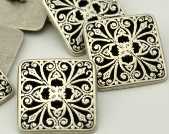 MADISON Buttons Antique Silver Metal Buttons, Square Filigree Button 1" Qty 4 to 12, 24mm Leather Wrap Clasp, Clothing Button
