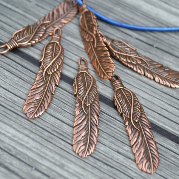 TierraCast Feather Pendant,  Medium 2" Feather Charm, 49mm, Antique Copper, Qty 1 to 4, Western Southwest Pewter Charms, Made in the US