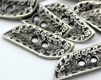 GEORGIA Leaf Buttons Antique Silver Floral Design Metal Rectangle Leaves Vines and Flowers 1" Qty 4 to 12, 25mm Leather Wrap Clasp, Clothing