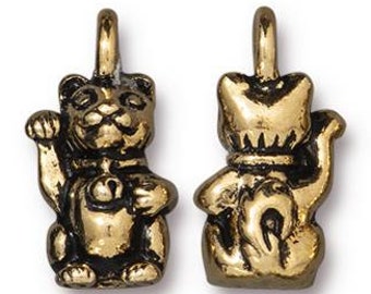 Beckoning Kitty Charms, TierraCast 16mm, Antique Gold, Qty 4, Cat Charm, Happy Go Lucky Collection, Pewter Pendants, Made in USA