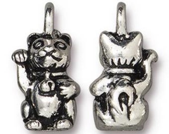 Beckoning Kitty Charms, TierraCast 16mm, Antique Silver, Qty 4, Cat Charm, Happy Go Lucky Collection, Pewter Pendants, Made in USA