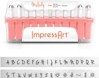 ImpressArt Stamps, MELODY Uppercase Metal Stamping Kit, 3mm Alphabet Handwriting Script Set, Impress Art Upper Case Plus Bonus Design Stamps