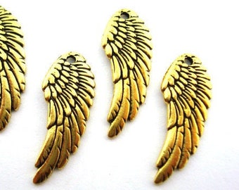 Angel Wing Charms TierraCast Antique Gold, Angel Wings, Feather Pendant Drops Qty 4