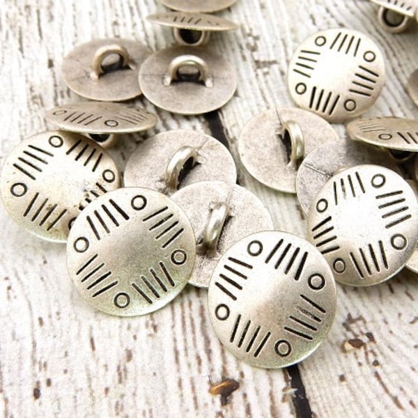 Tribal Metal Buttons, Ethnic Buttons, 5/8" Round Antique Silver, Shank Back Buttons, 15mm, Concho Button, Leather Wrap Clasp Buttons