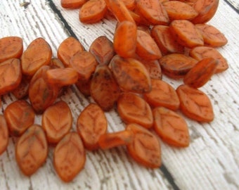 25 Frosted Burnt Orange Picasso Glass Leaf Beads Side Drilled 12MM