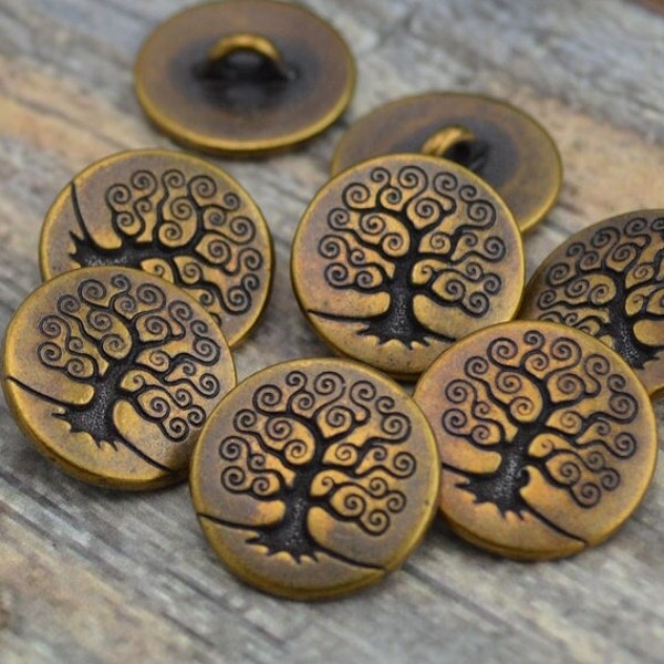 TierraCast Metal Buttons, TREE Of LIFE Button 16mm Qty 4 Antique Brass Round Buttons Shank Buttons Great Leather Wraps or Focal Clasps