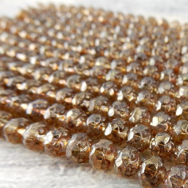 Luster Transparent GOLD SMOKEY TOPAZ Small Faceted Rosebud Beads, Czech Glass Beads 5x6mm Qty 25 Rose Bud Beads