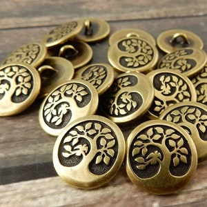 TierraCast Bird in a Tree Buttons Qty 4 Antique Brass 16mm Metal Button / Tree of Life Round Shank / Leather Findings / Wrap Clasps