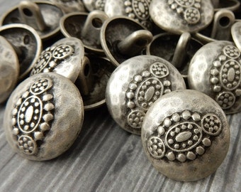 Hammered Tribal Buttons, Antique Silver Metal Button, 20mm Qty 4 , Bali Style, Great for Leather Wrap Clasps or Clothing