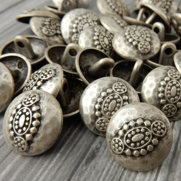 Hammered Tribal Buttons, Antique Silver Metal Button, 20mm Qty 4 , Bali Style, Great for Leather Wrap Clasps or Clothing