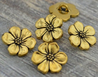 Apple Blossom Buttons, TierraCast Antique Gold Metal, 16mm Qty 4, Flower Buttons, Jewelry Findings Leather Wrap Bracelet Flower Clasps