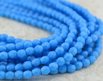 TURQUOISE BLUE 4mm Faceted Round Czech Glass Beads Qty 50 /Full Strand /Opaque Aqua Firepolished Small Spacer Bead