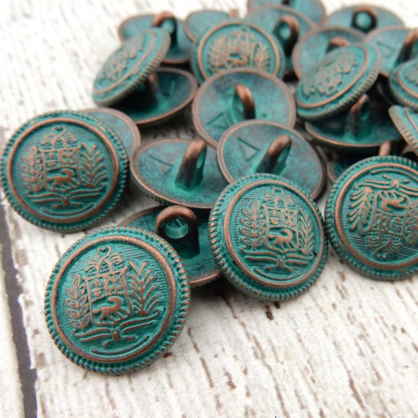 Tapestry Buttons 5/8" - Metal Buttons - Antique Copper w/ Verdigris Green Patina Royal Crest 15mm - Sweater Blazer Button - Leather Findings