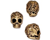 TierraCast Sugar Skull Beads, ROSE SKULL Beads Vertical Hole, Antique Gold 10mm Qty 4 to 20 Halloween or Day of the Dead Jewelry Top Drilled
