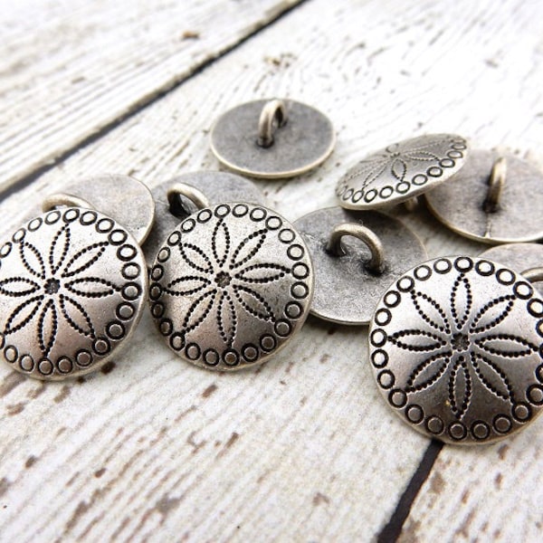 TRIBAL FLOWER Metal Buttons 5/8" Antique Silver, Concho Button, Qty 4 to 24, Jewelry Findings, Concha Native American Style Buttons, 15mm