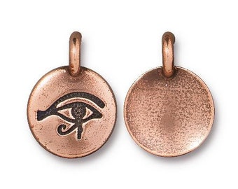 TierraCast EYE OF HORUS Charms, Antique Brass Tiny Round Pendants, Qty 4, Protection Symbol Tags, 16mm Metaphysical Charm, Evil Eye
