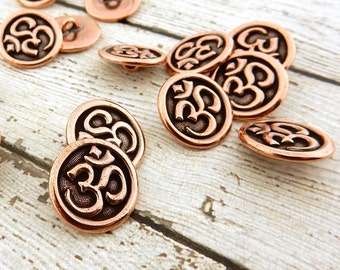 OM Button TierraCast Antique Copper 16mm Round Metal Button, Meditation Buttons, Leather Wrap or Focal Clasp, Jewelry Making Findings