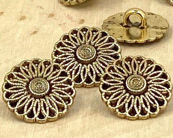 DAISY Flower Buttons 5/8" Antique Gold, Metal Button Qty 4 to 24, 15mm Leather Wrap Clasps Sewing Button Sweater Shirt Jewelry Clasp Closure