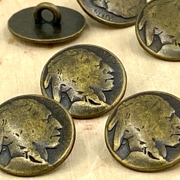 Indian HEAD botones de metal, 5/8" antiguo latón metal botón Qty 4 a 12 American Indian Head Nickel 15mm, Coin Reproducs Botones