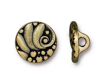 CZECH ROUND BUTTONS, Tierracast Brass Oxide, Small 12mm, Qty 4, Jewelry Findings 1/2" Bracelet Clasps, Bronze Leaves Swirl Button