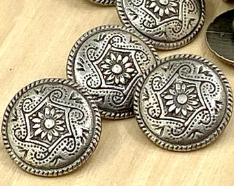 Flower Dance Metal Buttons 5/8" Antique Silver, Floral Twist Tapestry Button, Qty 4 to 8, 15mm Clothing or Leather Wrap Clasps