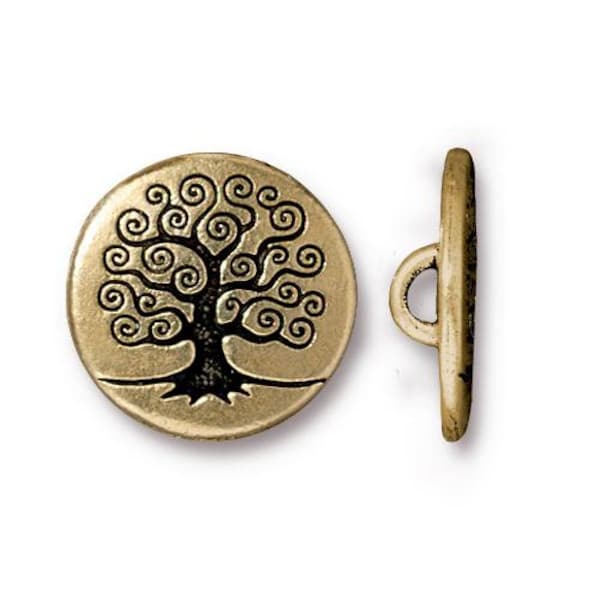 TierraCast Metal Buttons, TREE Of LIFE Button 16mm Qty 4 Antique Gold Round Buttons 5/8” Great Leather Wraps or Focal Clasps