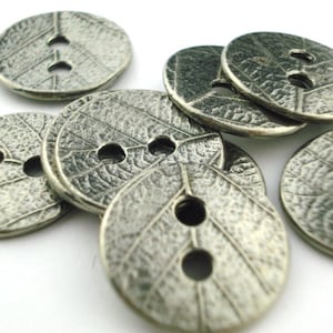 Metal Buttons, Leaf Buttons, Antique Dark Silver Tierracast Button, Leaves Buttons 17 mm Qty 4 Round, Great for Leather Wrap Clasps