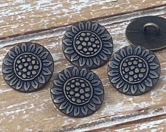 Metal SUNFLOWER Buttons Antique Brass / Bronze Color Flower Button 5/8" Qty 4 to 24, 17mm Jewelry Findings  Leather Wrap Clasp Clothing