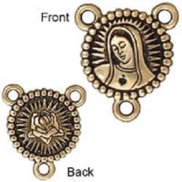 Our Lady Links TierraCast Rosary Findings Qty 4 - Antique Brass Mother Mary Rosary Station 21mm - Viva Mexicana Bronze Rosary Findings