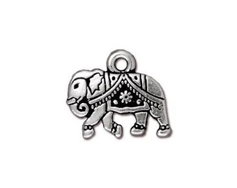 ELEPHANT Charms, TIERRACAST, Gita Pendant Qty 4, Antique Silver, Bulk Discount, Double Sided, 13mm Bohemian Yoga Charm