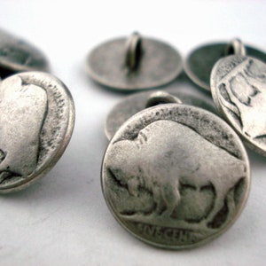 BUFFALO Nickel Metal Buttons 5/8" Antique Silver, Shank Back Button, Qty 4 Repro Coin 15mm Clothing or Leather Wrap Clasps Southwest