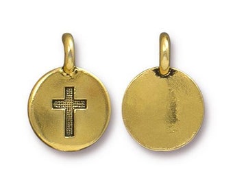 TierraCast CROSS Charms, Antique Gold, Round Narrow Cross Pendants, Qty 4, 16.6mm Tiny Bracelet Wrap Charms, Bohemian Yoga Charm