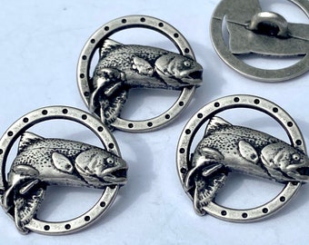 TROUT Buttons / Fish Metal Button 15mm / Qty 4 to 8 / 5/8” Antique Silver / Sports Fishing Button / Jewelry Findings Bracelet Clasp