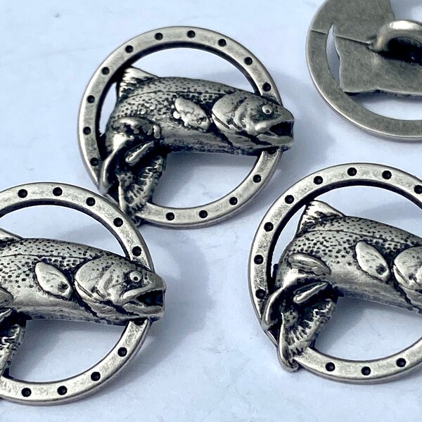 TROUT Buttons / Fish Metal Button 15mm / Qty 4 to 8 / 5/8” Antique Silver / Sports Fishing Button / Jewelry Findings Bracelet Clasp