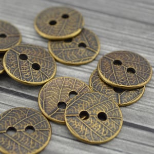 TierraCast Leaf Buttons, Antique Brass,  Round Leaf Button, Bronze Two Hole Metal Button, Leaves 17 mm Qty 4 Great Leather Wrap Cla