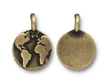 TierraCast Earth Charms, Laiton Antique, Pendentifs Ronds Bronze Planète Terre, Qté 4, 16,6 mm Petit Bracelet Charme pour Boho Wraps