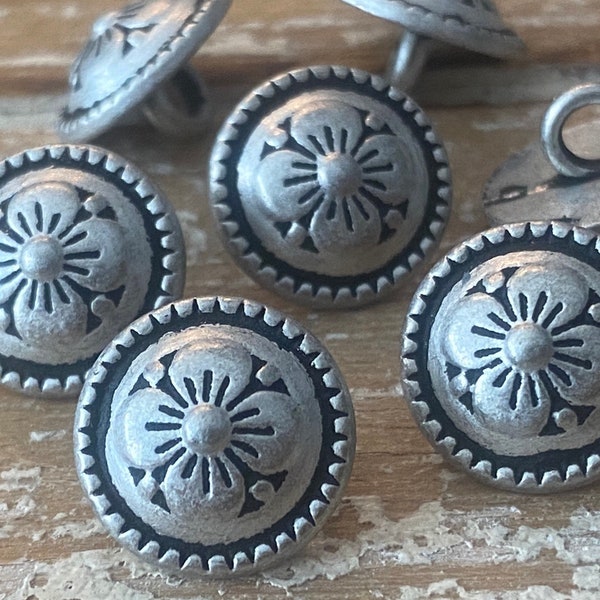 Antique Silver Blossom Buttons - 15mm 5/8" Qty 4 to 8 - Four Petal Flower Small Metal Button - Clothing Blazer Sweater or Yoga Wrap Clasps