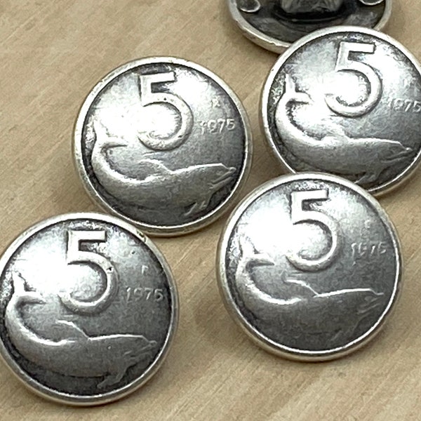 DOLPHIN Lira Metal Buttons 5/8” Antique Silver Italian Coin Reproduction 1975 Button Qty 4 Dolphin, 15mm