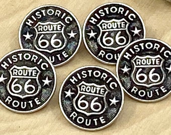 HISTORIC ROUTE 66 Metal Buttons, Highway 66, Qty 4 to 24, Antique Silver 5/8" Wide, 15mm, Shank Back Button, Old Hwy 66