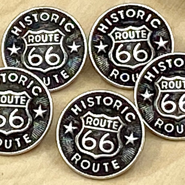 HISTORIC ROUTE 66 Metal Buttons, Highway 66, Qty 4 to 24, Antique Silver 5/8" Wide, 15mm, Shank Back Button, Old Hwy 66