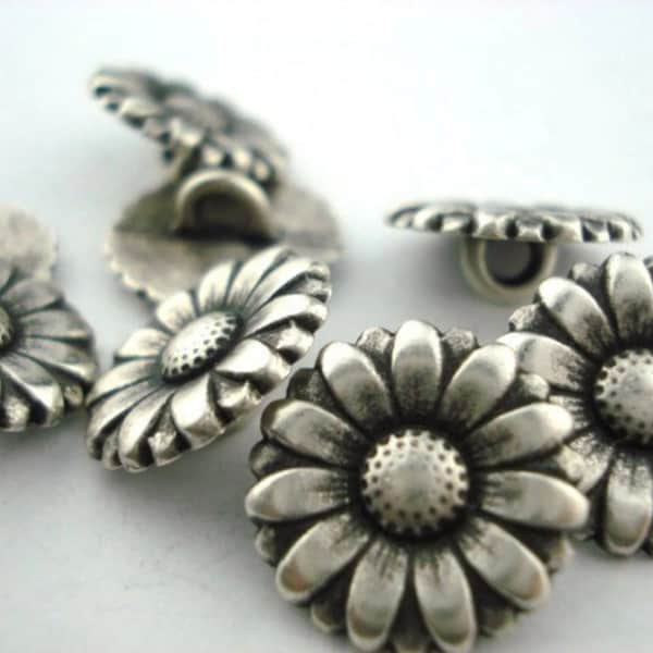 Morning Glory Metal Buttons Antique Silver Flower Button Sunflower, 5/8" Qty 4 to 8 Buttons / Leather Wrap Clasps