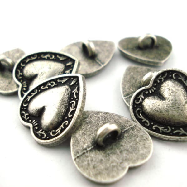 HEART Metal Buttons, Antique Silver 3/4" Qty 4 to 24, Victorian Style Heart Button, Leather Wrap Clasp, Bern Heart, Shirt Clothing Button
