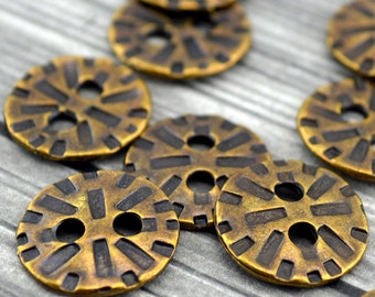 RADIANT Buttons, TierraCast Buttons, Round Metal Button, Qty 4, Antique Brass Oxide, Antique Bronze, 15mm Textured Two Hole, Tierra Cast