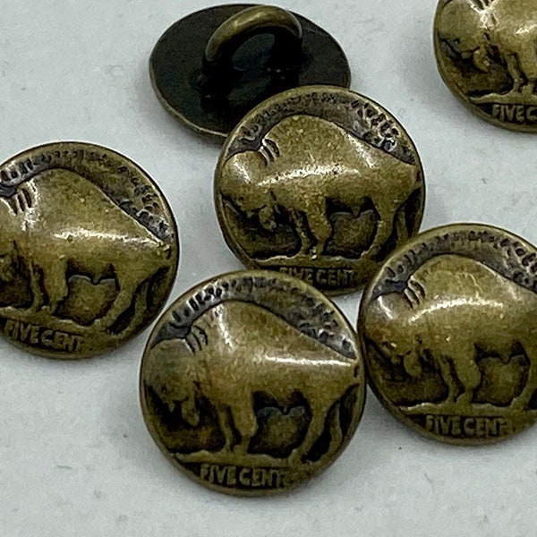 BUFFALO Nickel Metal Buttons 3/8" Laiton antique, Nickel Reproduction Tiny NBC BBC Shank Back Button, Qté 4 ou 8, Buffalo 11mm