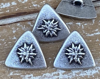 Triangle Alpine Flower Buttons 22mm Antique Silver, 7/8” Edelweiss Flower Button, Qty 4 to 24, Jewelry Findings, Clothing Sweater