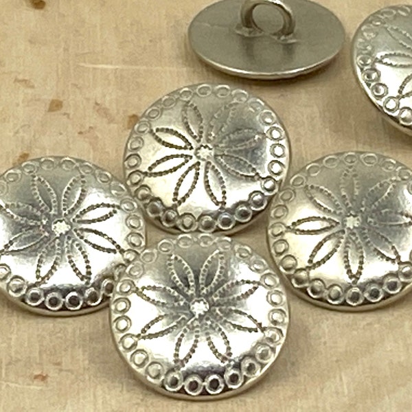 TRIBAL FLOWER Metal Buttons 5/8" Bright Silver Concho Button, Qty 4 to 24 Jewelry Findings Concha Native American Style, 15mm, Bright Silver